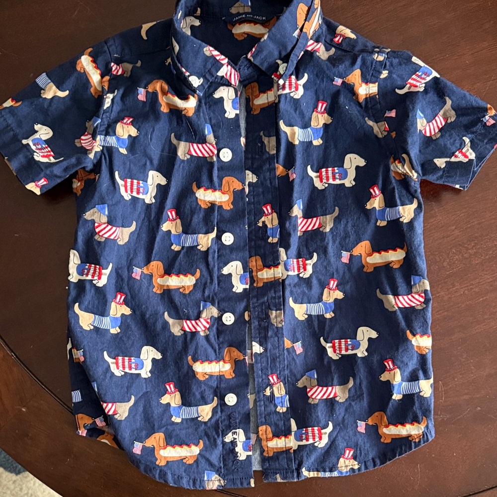Janie and Jack Navy Button-Up Shirt with Dachshund Print